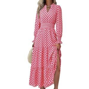 Pretty Garden Boho MAXI Dress Small Red & Pink Long Sleeves Tiered New with tags
